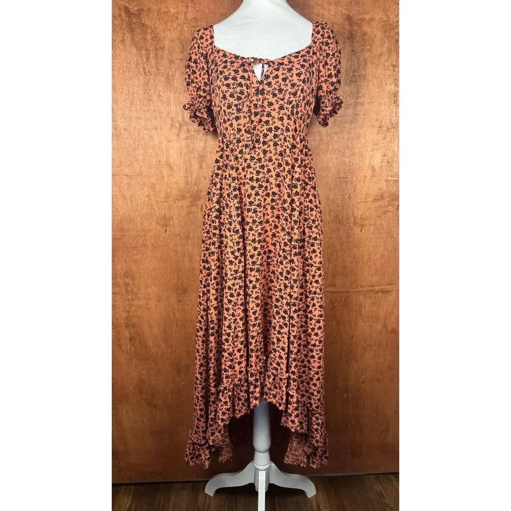 Patrons of Peace XS Adrian puff sleeve midi hi-low dress pink and black floral - Picture 2 of 15